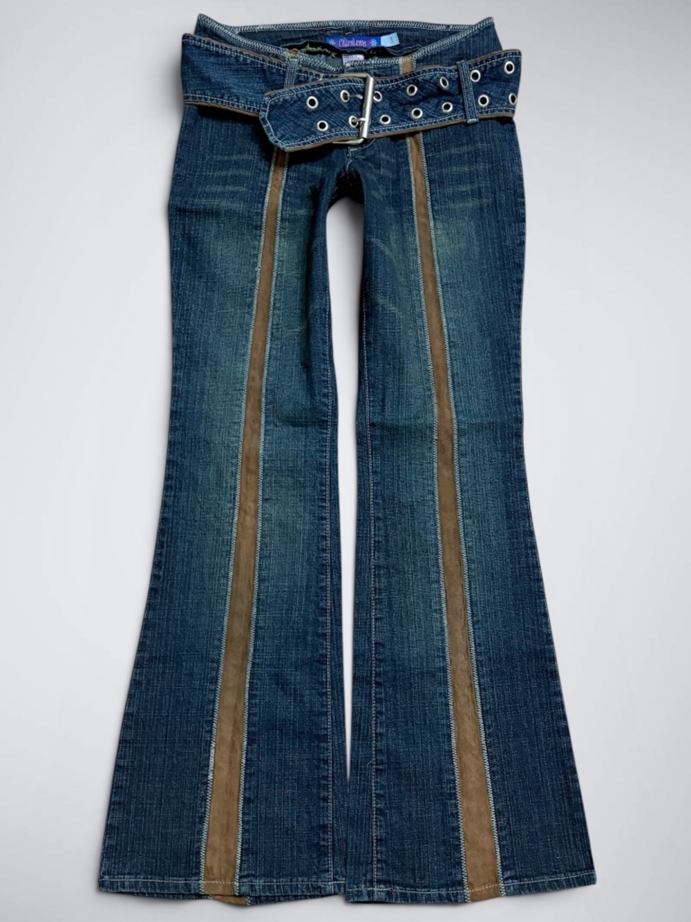 Y2K Ultra Love Ultra Low Rise Belted Tuxedo Stripe Flare Jeans McBling Gyaru